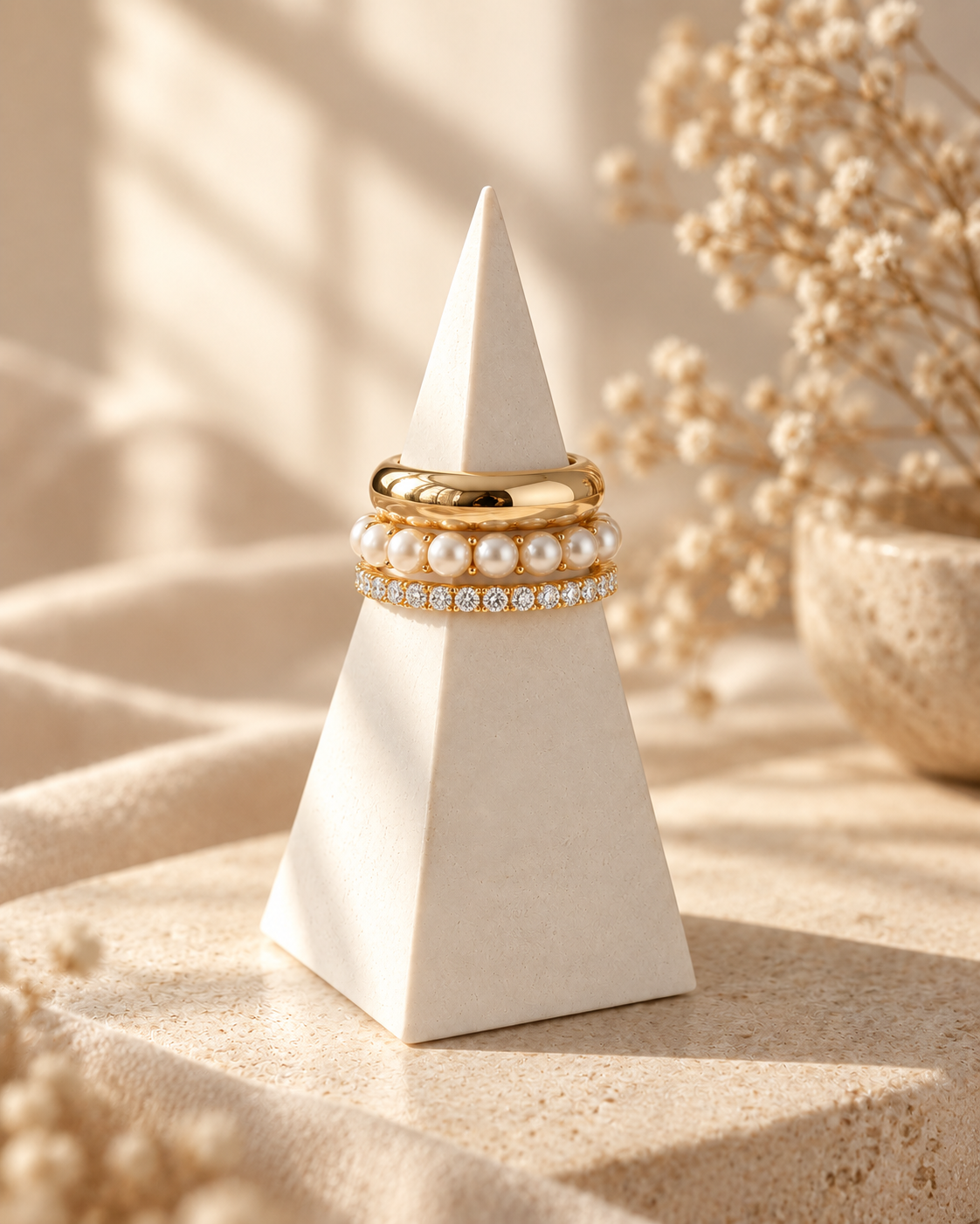 White stone ring cone styled with gold pearl and crystal rings