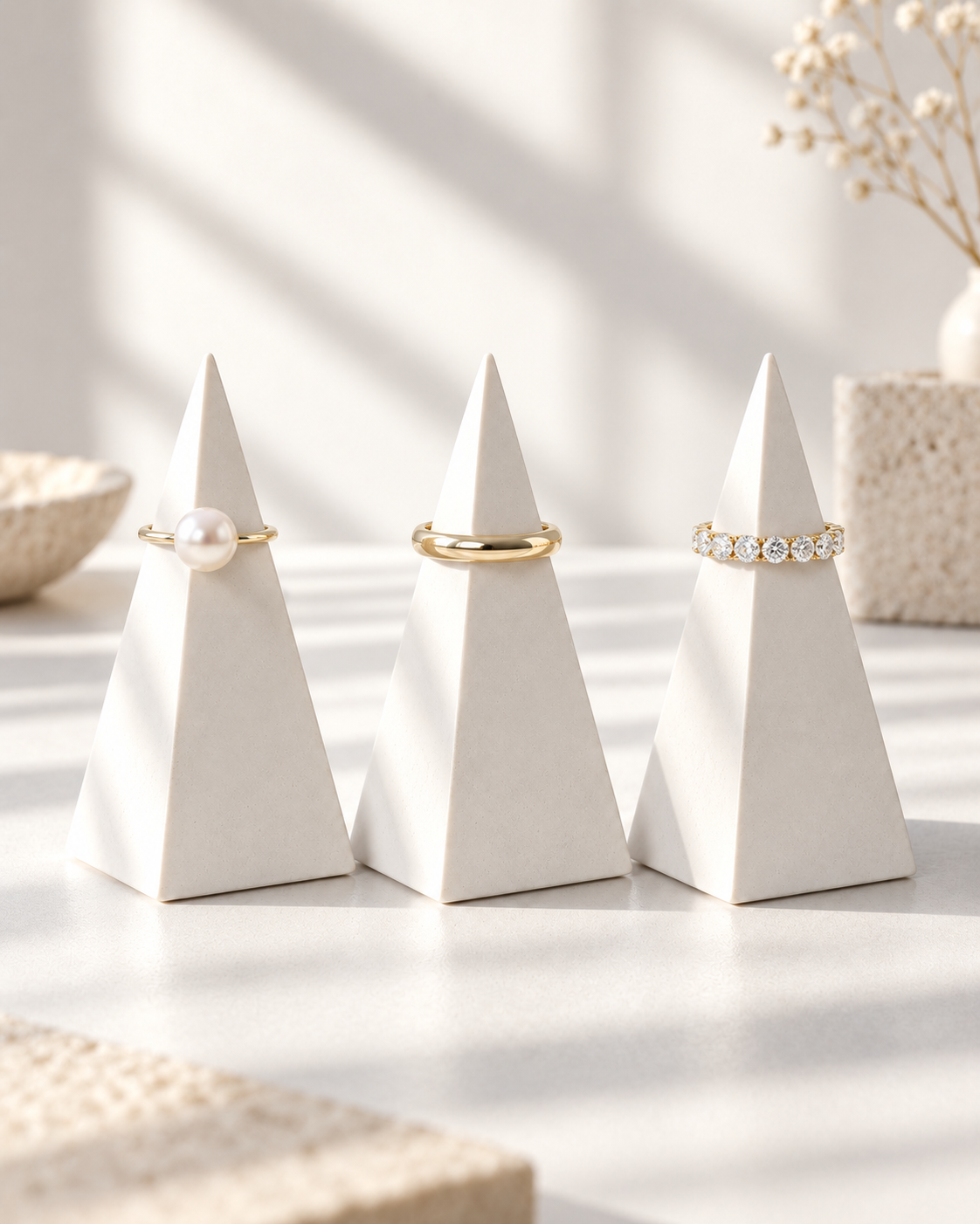 Three white stone ring cones styled with gold pearl and crystal rings