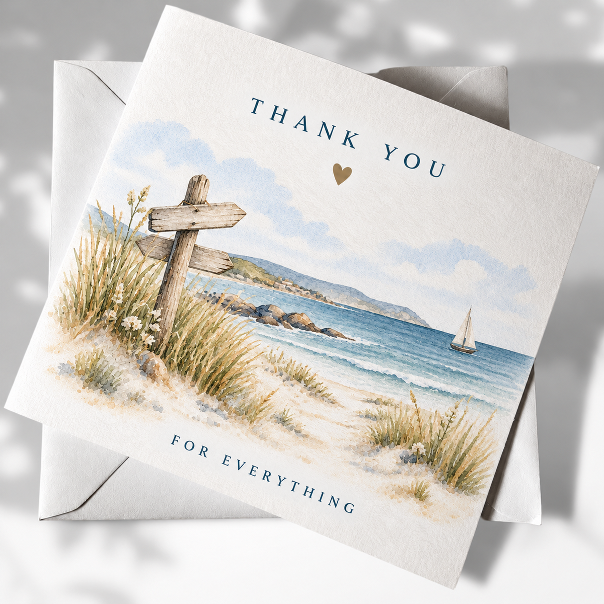 Thank You For Everything coastal greeting card with signpost, dunes and sailing boat