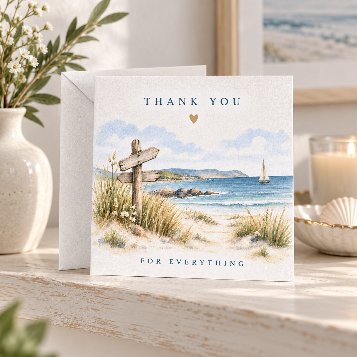 Thank You For Everything coastal greeting card styled in a warm coastal home setting