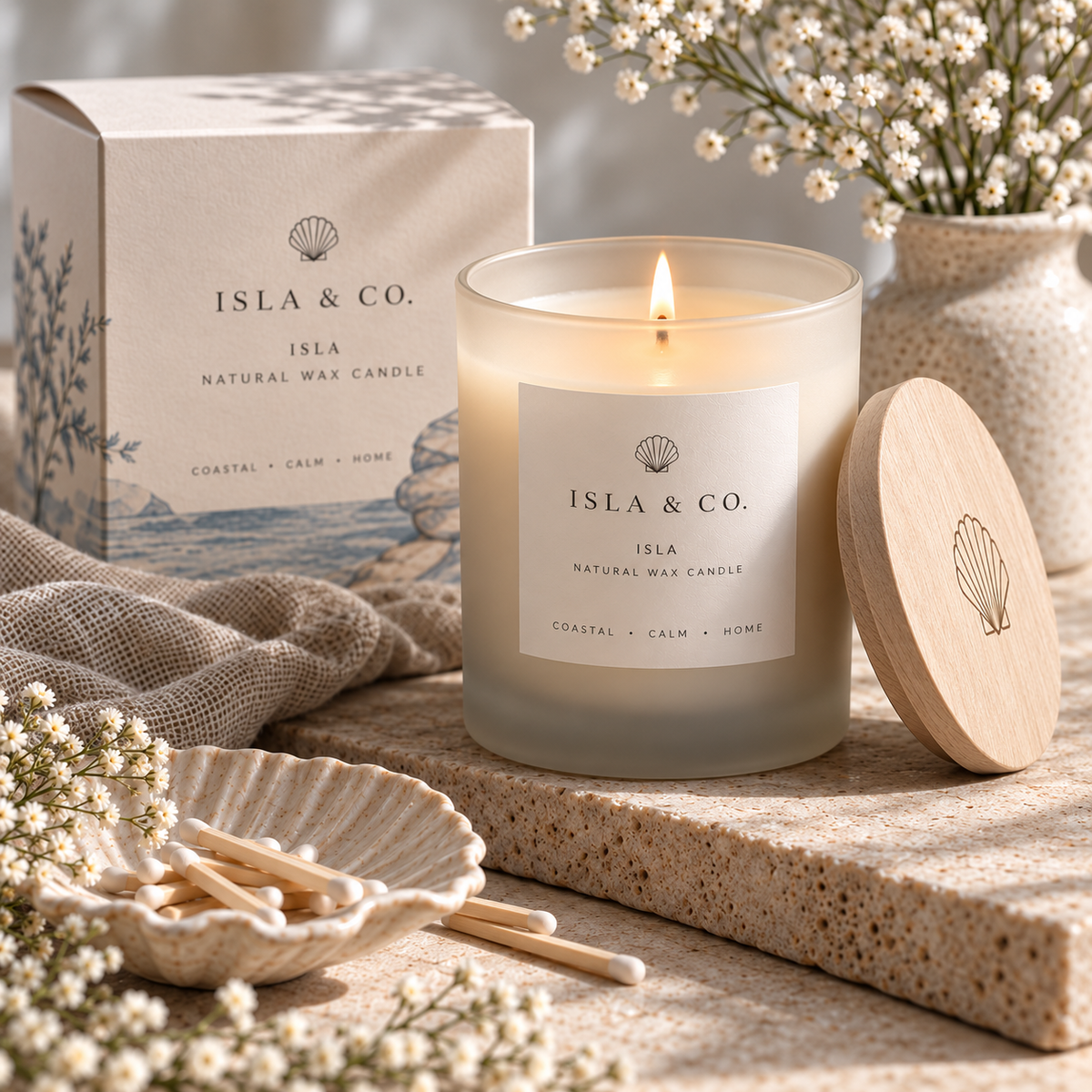 The Isla Candle with natural wooden lid and presentation box