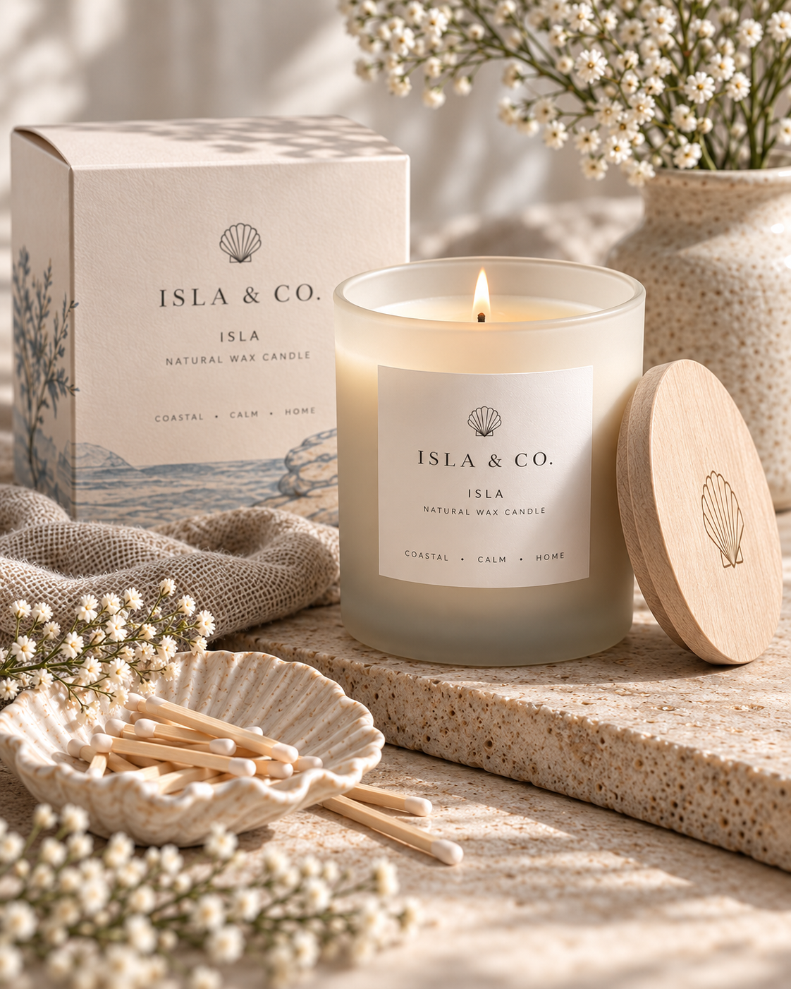 The Isla Candle in frosted glass with natural wooden lid and gift box