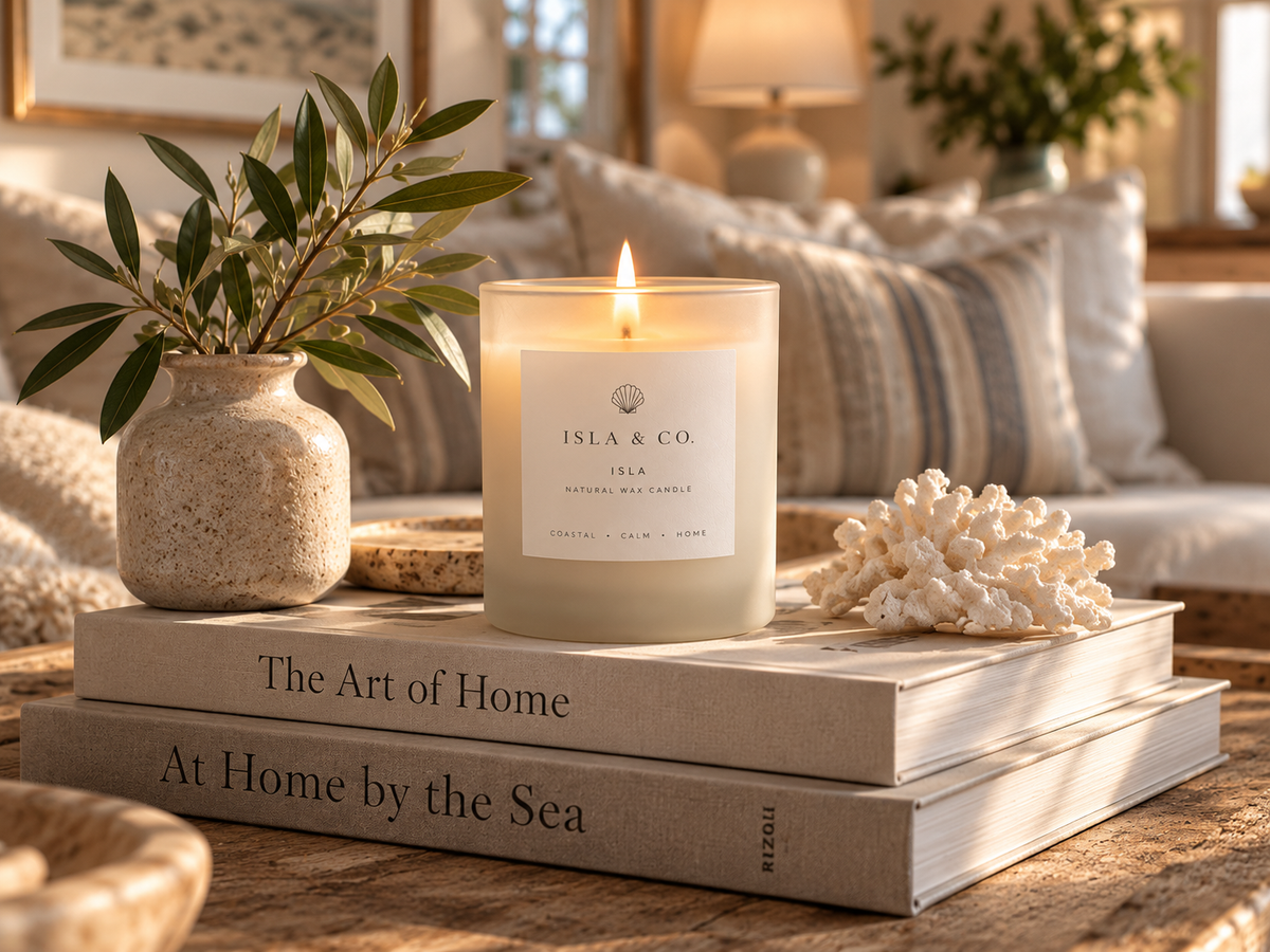 The Isla Candle styled in a warm coastal living room
