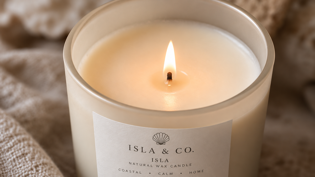 Close-up of The Isla Candle lit with a single cotton wick
