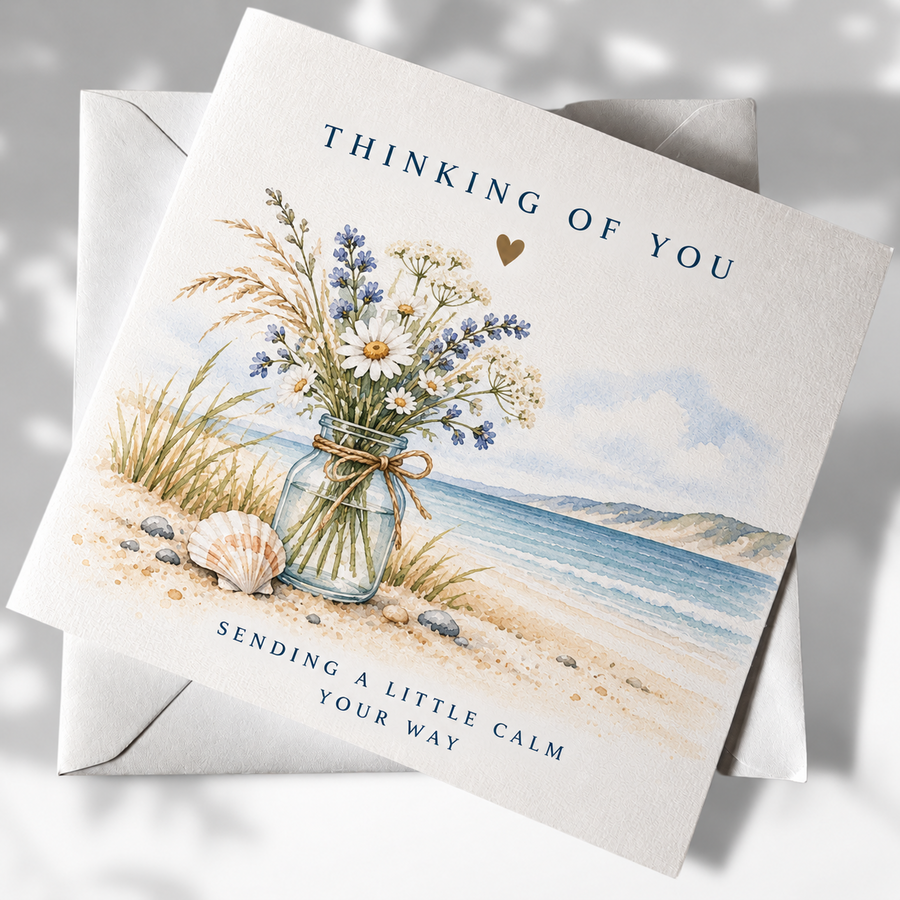 Thinking of You coastal greeting card with wildflower bouquet and seaside illustration
