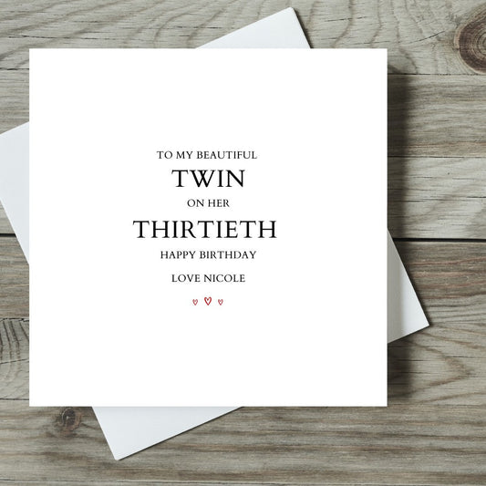 To My Beautiful Twin On Her Thirtieth Birthday Personalised Card